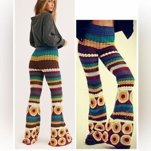 Free People Flook Crochet Cotton Boho Flare Pants Hippie Festival Trousers Sz L